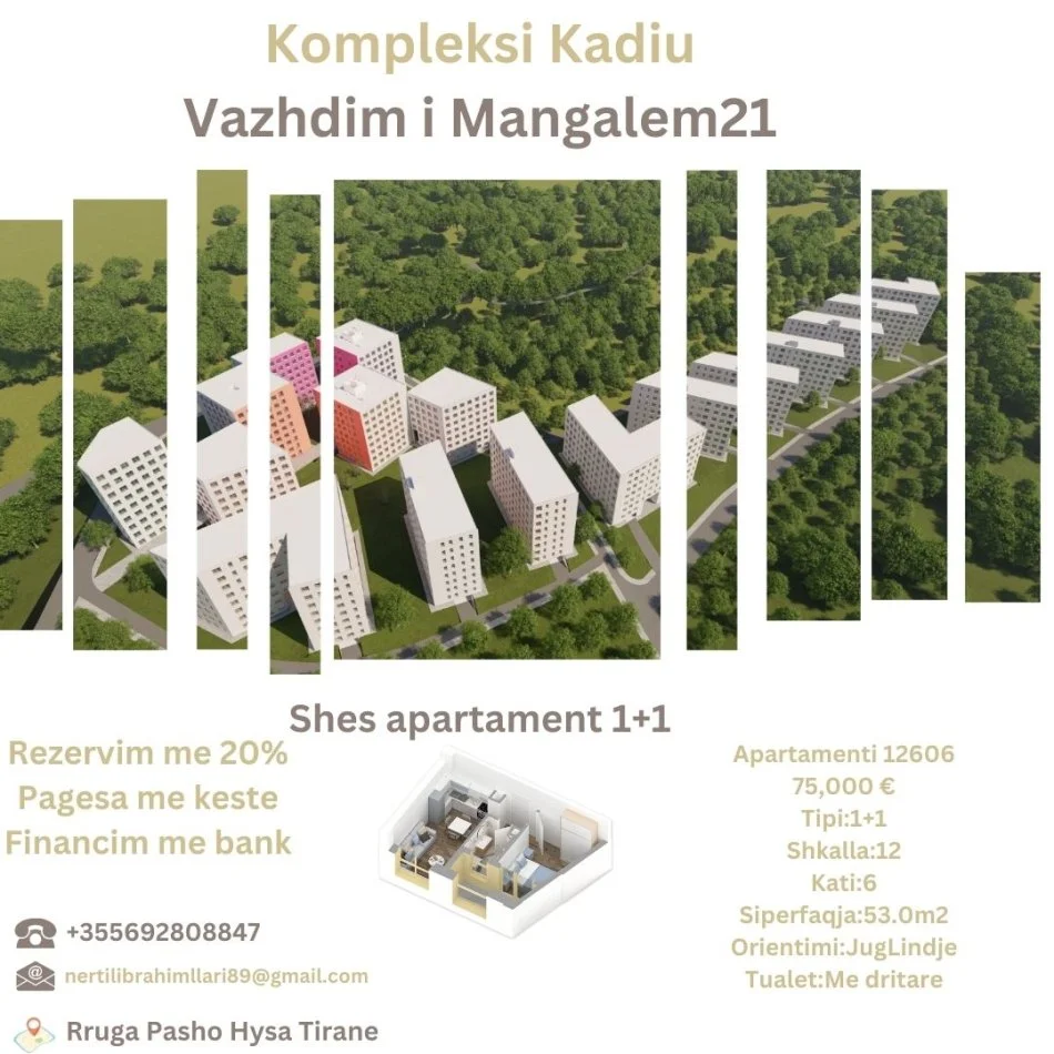 Tirane, shes apartament 1+1+Ballkon Kati 6, 53 m² 75.000 € (Rruga Pasho Hysa Tirane)