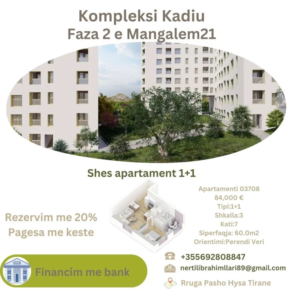 Tirane, shes apartament 1+1+Ballkon Kati 7, 60 m² 84.000 € (Rruga Pasho Hysa Tirane)