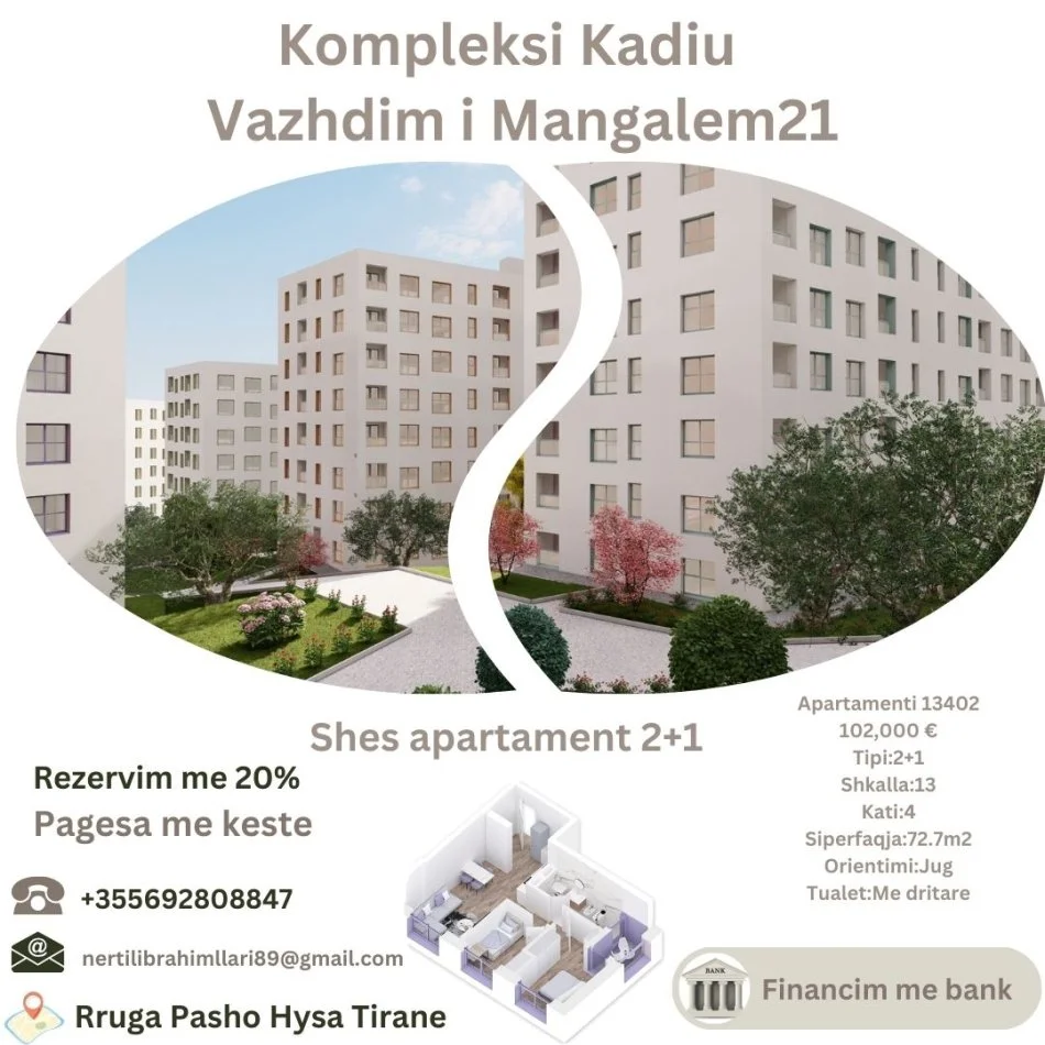 Tirane, shes apartament 2+1+Ballkon , 73 m² 102.000 € (Rruga Pasho Hysa Tirane)