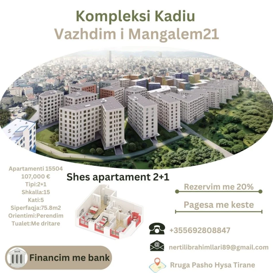 Tirane, shes apartament 2+1+Ballkon Kati 5, 76 m² 107.000 € (Rruga Pasho Hysa Tirane)