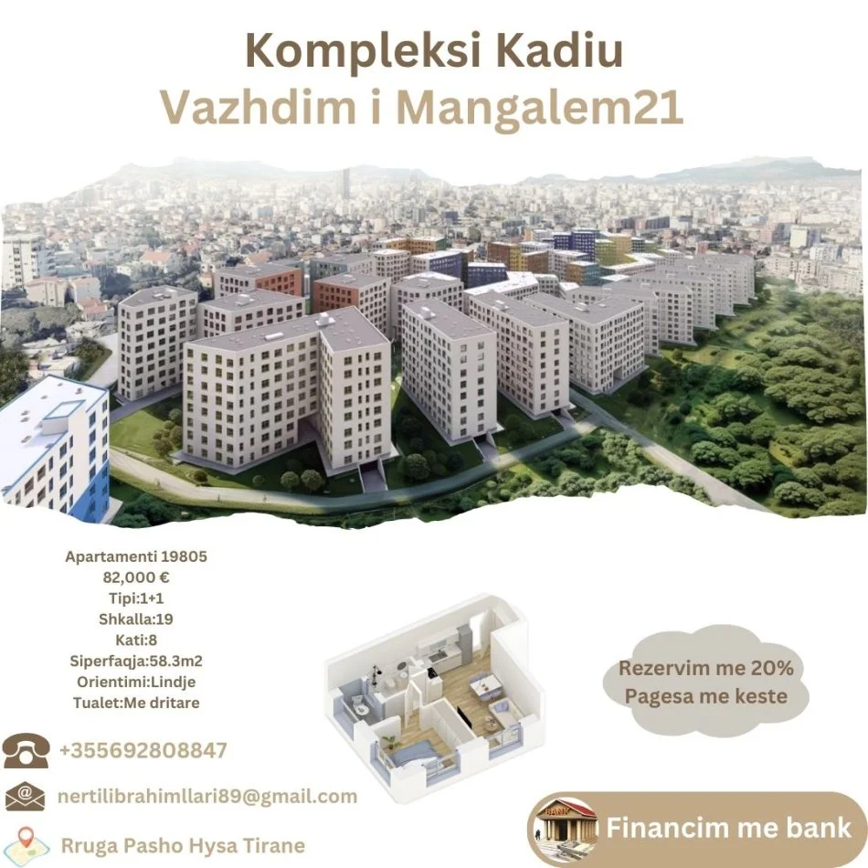 Tirane, shes apartament 1+1+Ballkon Kati 8, 58 m² 82.000 € (Rruga Pasho Hysa Tirane)