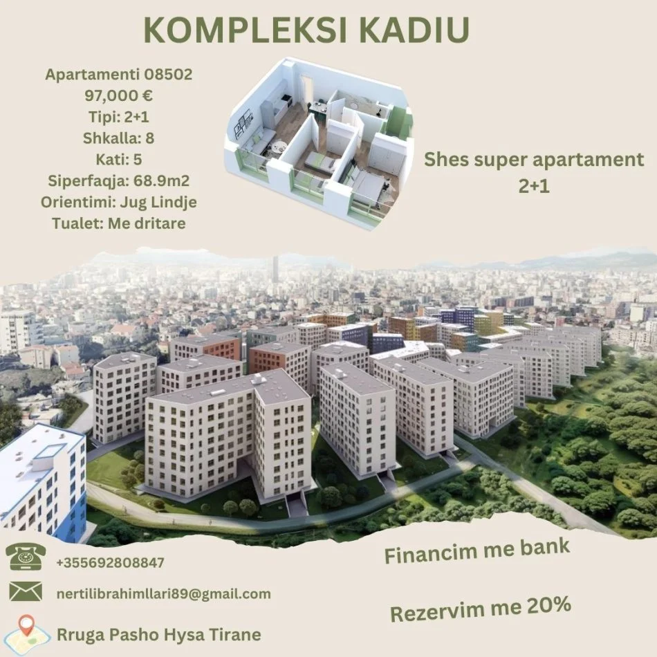 Tirane, shes apartament 2+1+Ballkon Kati 5, 69 m² 97.000 € (Rruga Pasho Hysa Tirane)