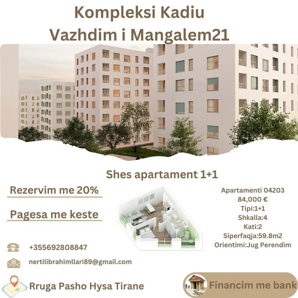 Tirane, shes apartament 1+1+Ballkon Kati 2, 84.000 m² 84.000 € (Rruga Pasho Hysa Tirane)