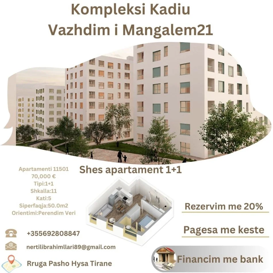 Tirane, shes apartament 1+1+Ballkon Kati 5, 50 m² 70.000 € (Rruga Pasho Hysa Tirane)