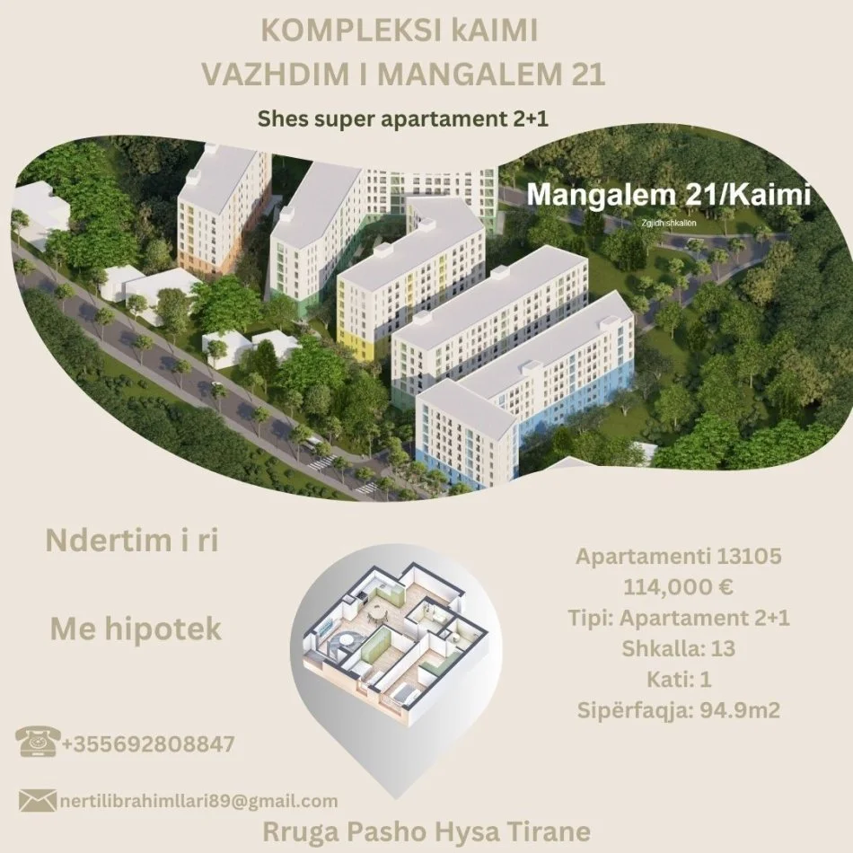 Tirane, shes apartament 2+1+Ballkon Kati 0, 95 m² 114.000 € (Rruga Pasho Hysa Tirane)