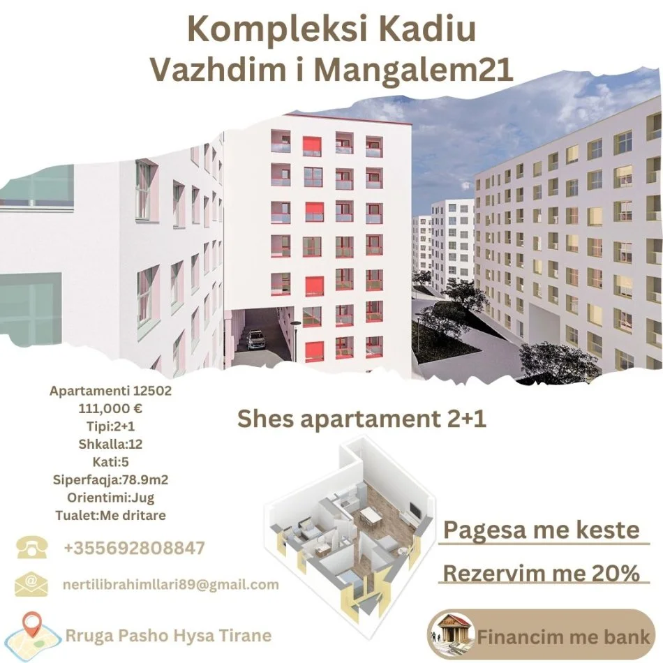 Tirane, shes apartament 2+1+Ballkon Kati 5, 79 m² 111.000 € (Rruga Pasho Hysa Tirane)