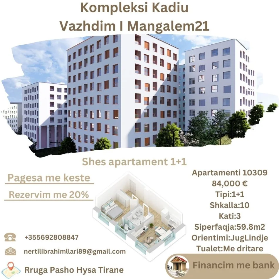 Tirane, shes apartament 1+1+Ballkon Kati 3, 60 m² 84.000 € (Rruga Pasho Hysa Tirane)
