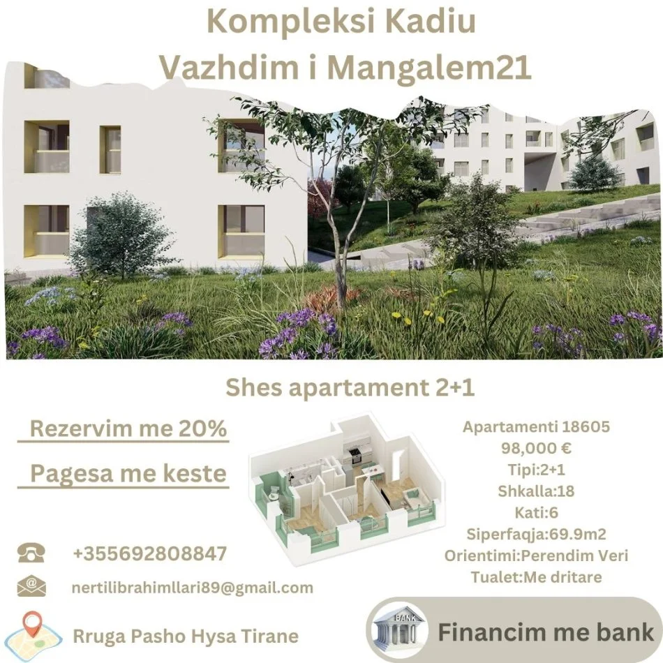 Tirane, shes apartament 2+1+Ballkon Kati 6, 70 m² 98.000 € (Rruga Pasho Hysa Tirane)