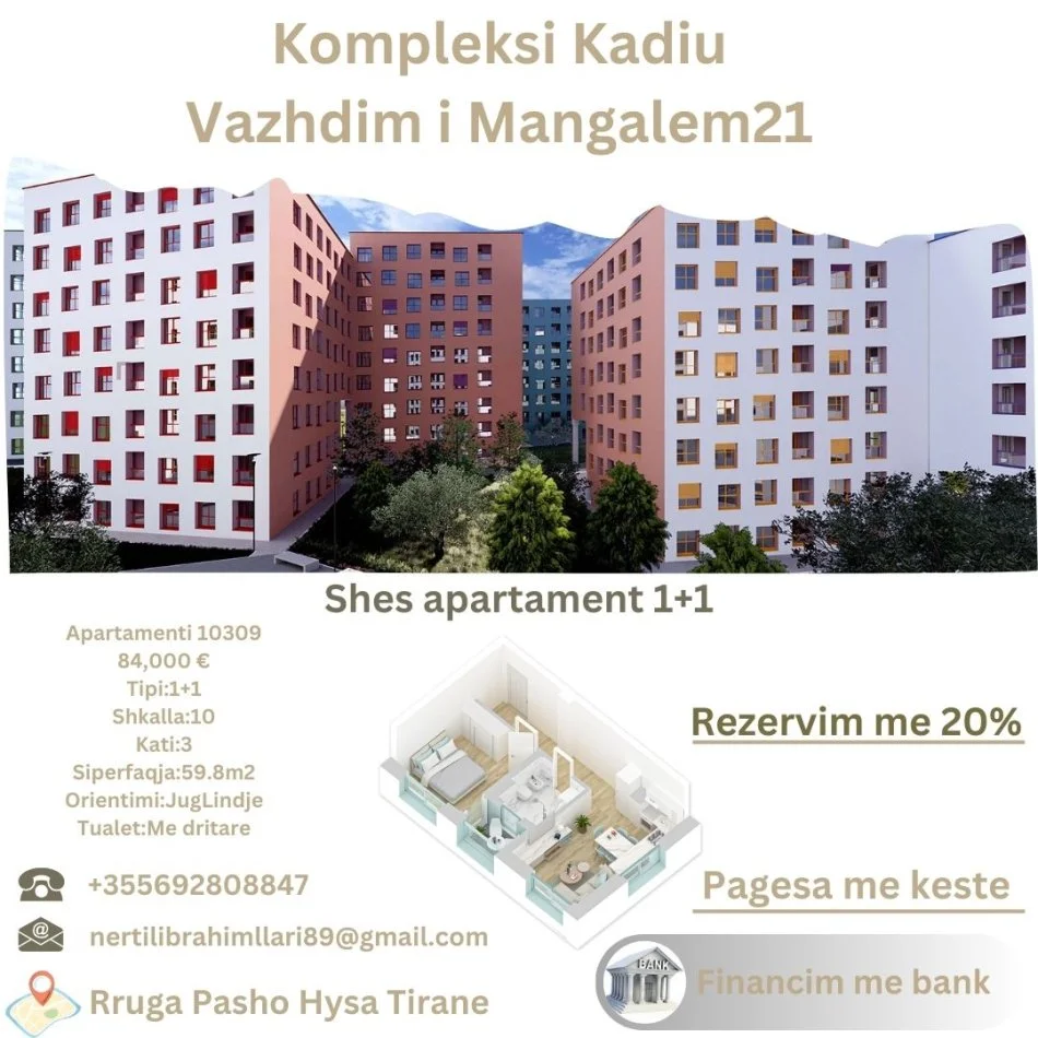 Tirane, shes apartament 1+1+Ballkon Kati 3, 60 m² 84.000 € (Rruga Pasho Hysa Tirane)