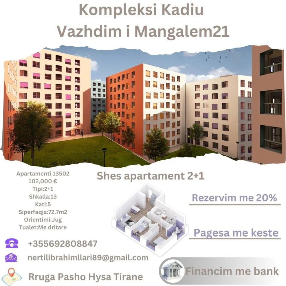 Tirane, shes apartament 2+1+Ballkon Kati 5, 73 m² 102.000 € (Rruga Pasho Hysa Tirane)