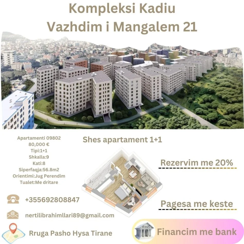 Tirane, shes apartament 1+1+Ballkon Kati 8, 57 m² 80.000 € (Rruga Pasho Hysa Tirane)