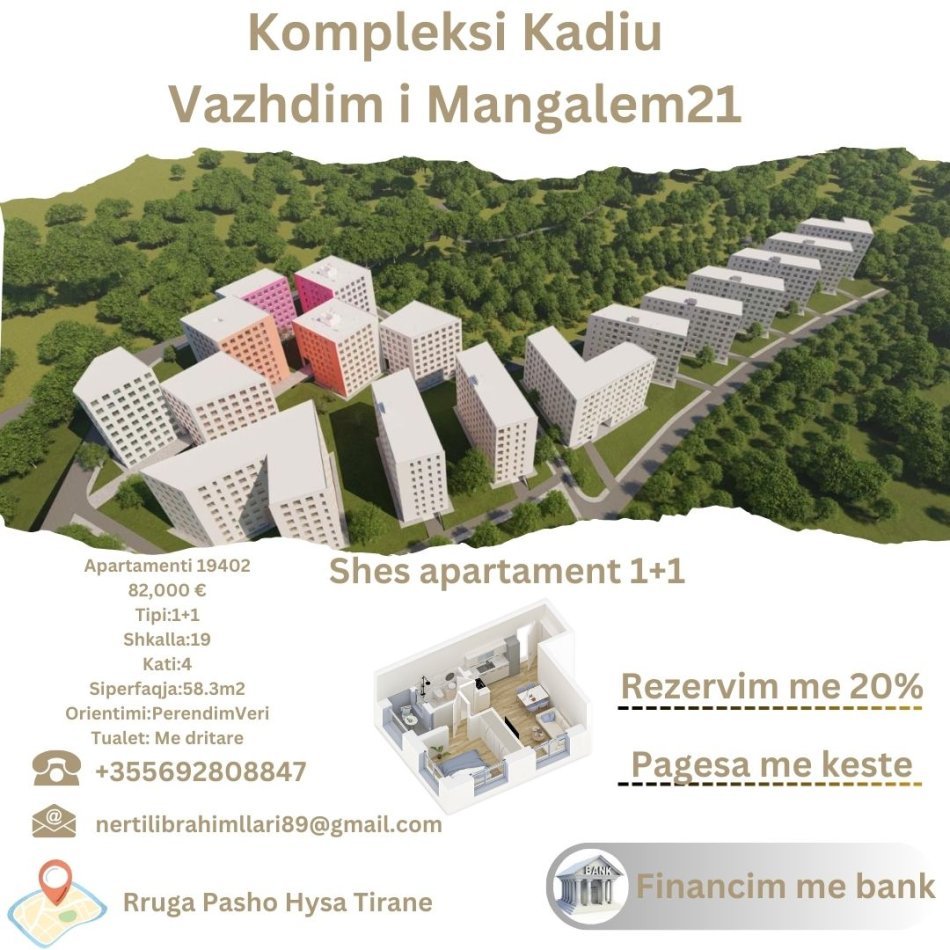 Tirane, shes apartament 1+1+Ballkon Kati 4, 58 m² 82.000 € (Rruga Pasho Hysa Tirane)