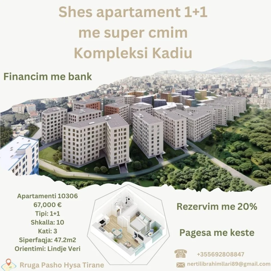 Tirane, shes apartament 1+1+Ballkon Kati 3, 47 m² 67.000 € (Rruga Pasho Hysa Tirane)