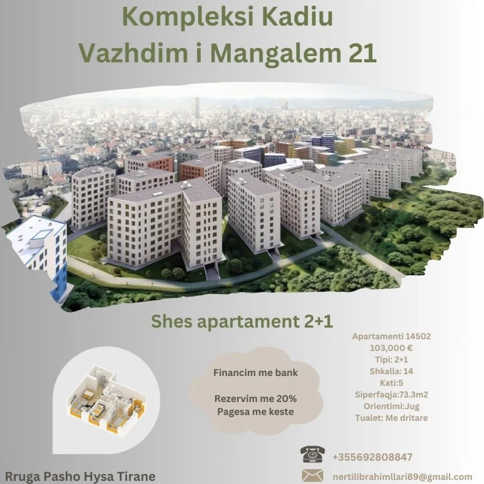 Tirane, shes apartament 2+1+Ballkon Kati 5, 73 m² 103.000 € (Rruga Pasho Hysa Tirane)