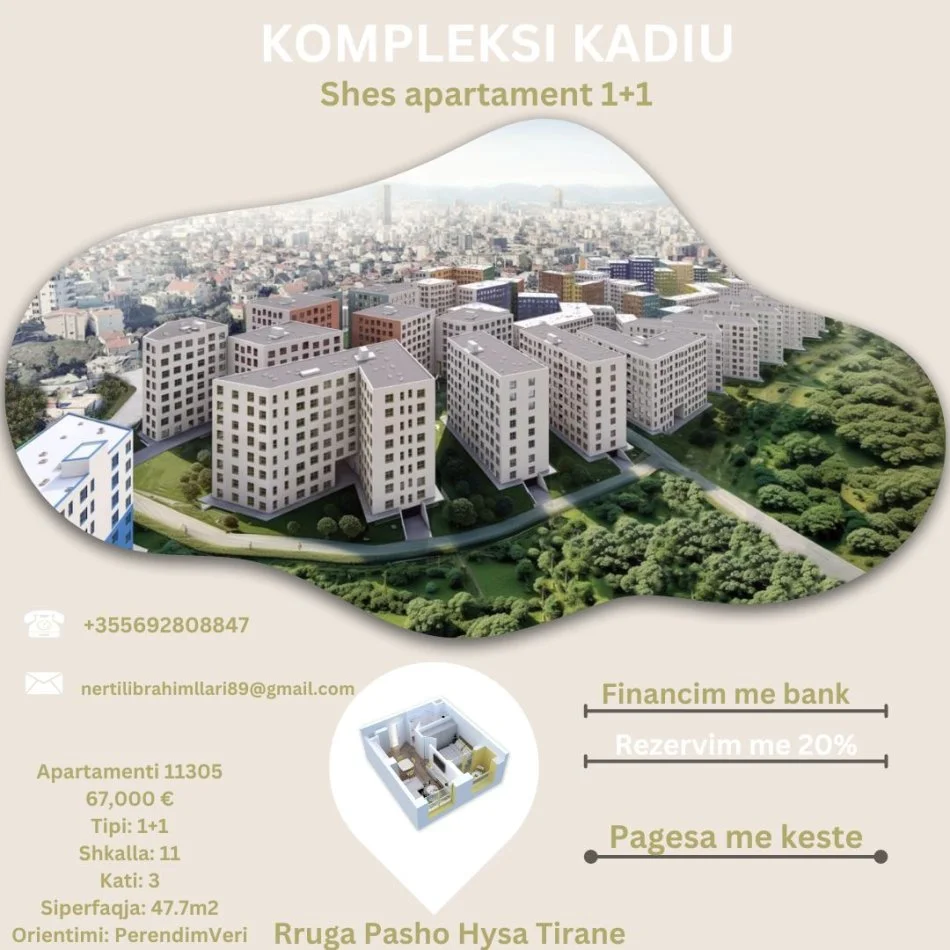 Tirane, shes apartament 1+1+Ballkon Kati 3, 48 m² 67.000 € (Rruga Pasho Hysa Tirane)