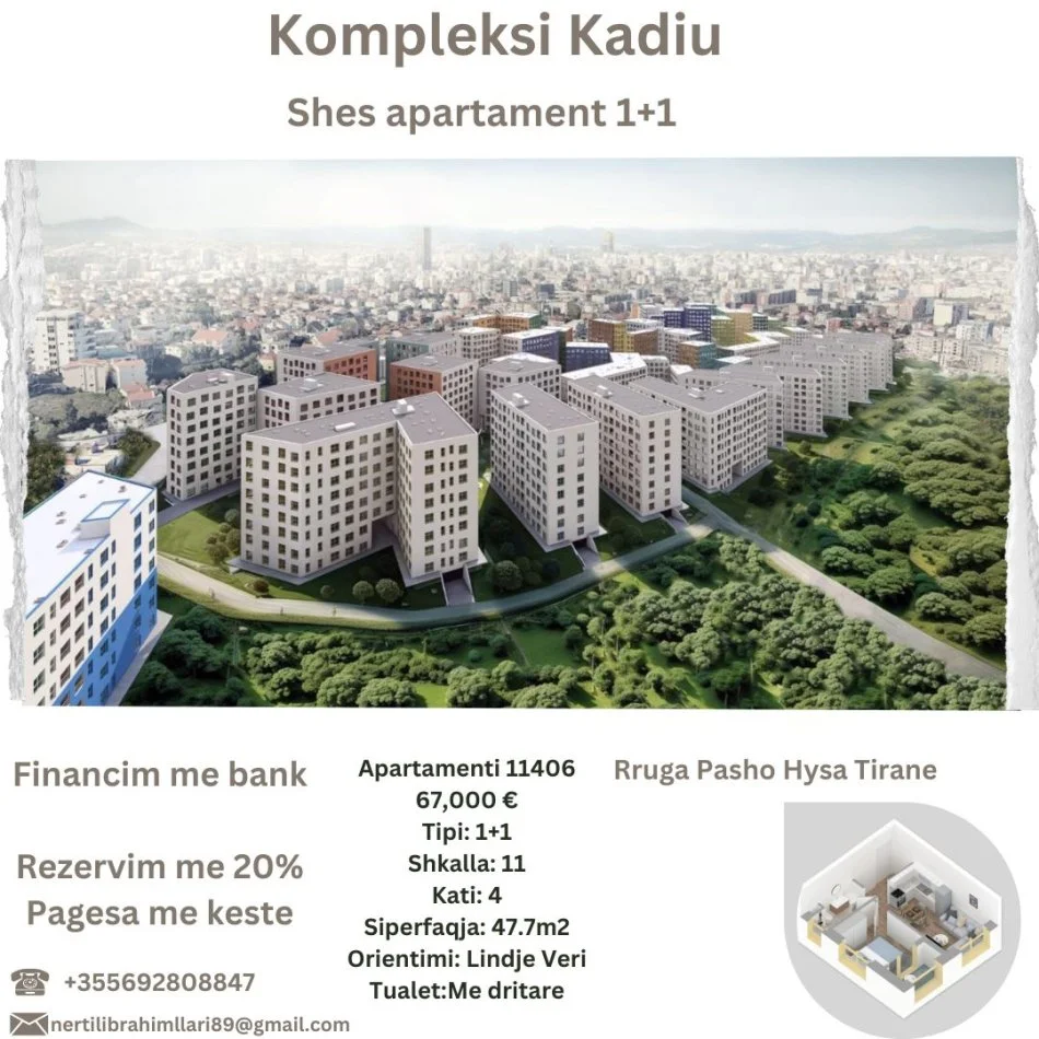 Tirane, shes apartament 1+1+Ballkon Kati 4, 48 m² 67.000 € (Rruga Pasho Hysa Tirane)