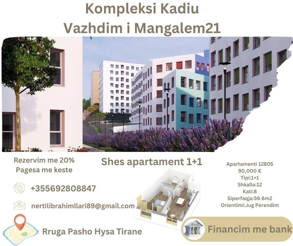 Tirane, shes apartament 1+1+Ballkon Kati 8, 60 m² 90.000 € (Rruga Pasho Hysa Tirane)