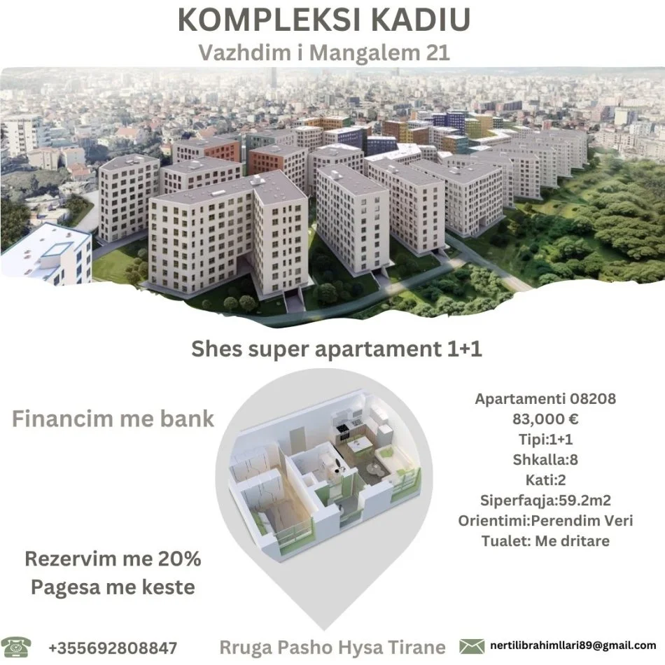 Tirane, shes apartament 1+1+Ballkon Kati 2, 59 m² 83.000 € (Rruga Pasho Hysa Tirane)