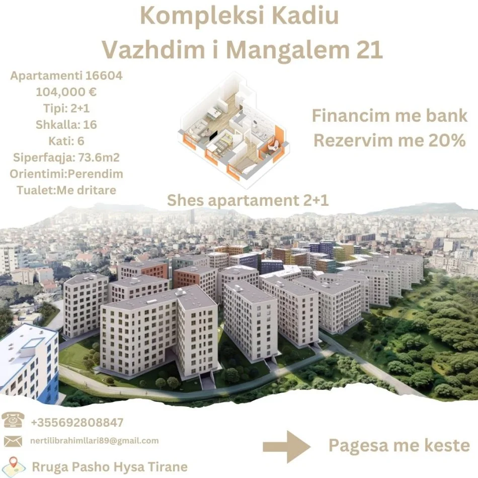 Tirane, shes apartament 2+1+Ballkon Kati 6, 74 m² 104.000 € (Rruga Pasho Hysa Tirane)