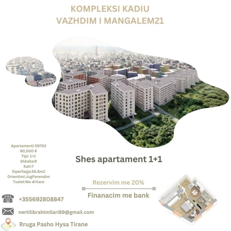 Tirane, shes apartament 1+1+Ballkon Kati 7, 57 m² 80.000 € (Rruga Pasho Hysa Tirane)