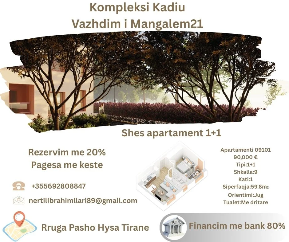 Tirane, shes apartament 1+1+Ballkon Kati 1, 60 m² 90.000 € (Rruga Pasho Hysa Tirane)