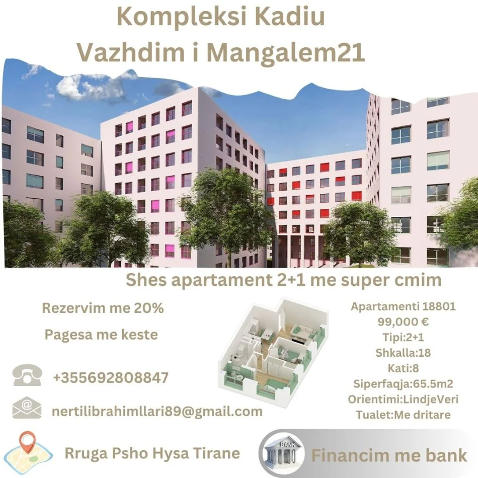 Tirane, shes apartament 2+1+Ballkon Kati 8, 65 m² 99.000 € (Rruga Pasho Hysa Tirane)