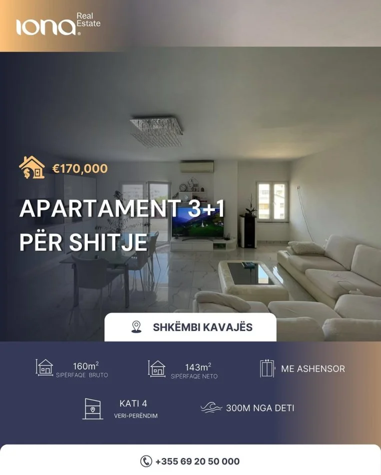 Shkembi Kavajes, shitet apartament 3+1+Ballkon Kati 4, 160 m² 170.000 € (Shkembi Kavajes)
