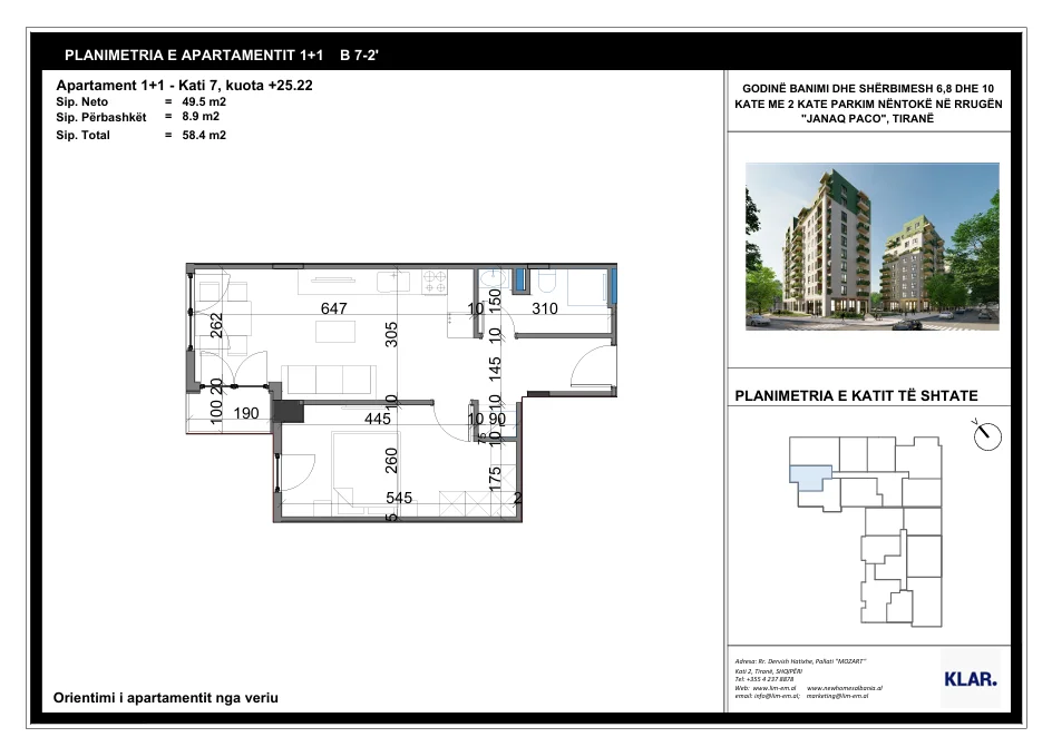 Tirane, shitet apartament 1+1 Kati 7, 99.250 € 