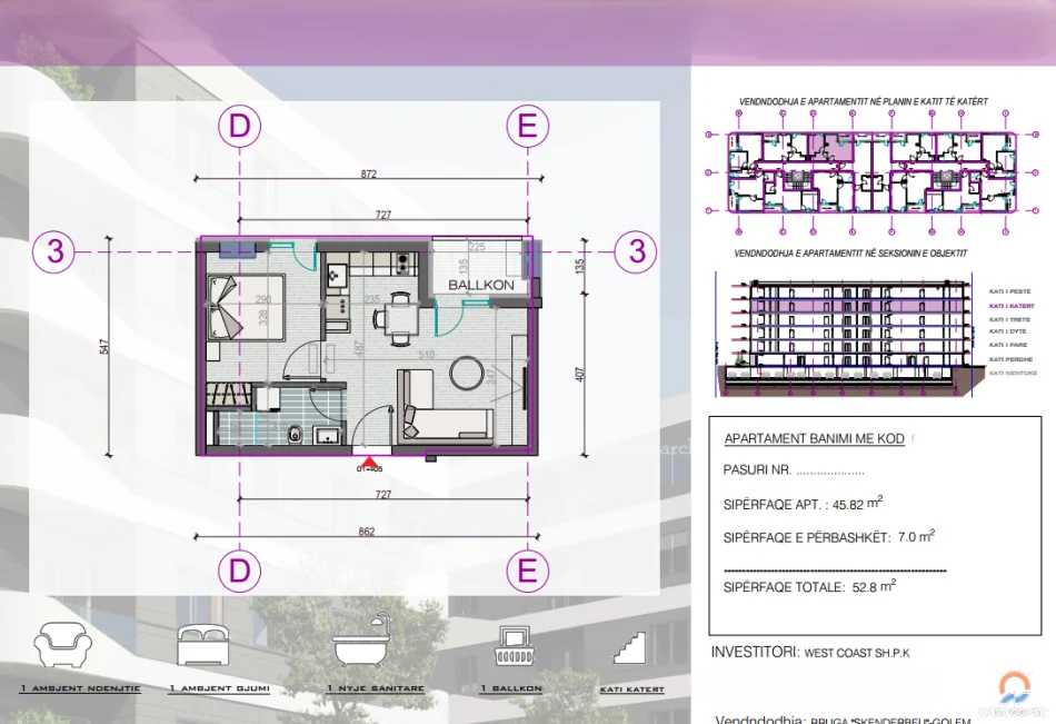 Durres, shitet apartament 1+1+Ballkon Kati 6, 53 m² 63.360 € (Golem Durres)