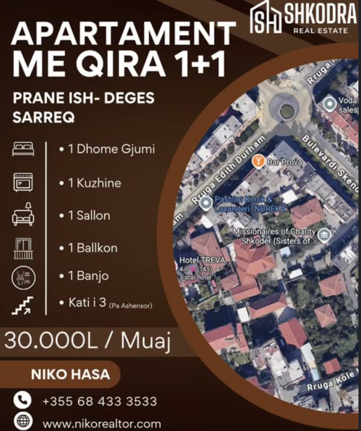 Shkoder, jepet me qera apartament 1+1+Ballkon Kati 3, 56 m² 300 € (Sarreq)