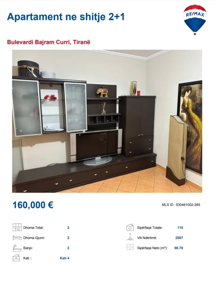 Tirane, shes apartament 2+1 Kati 4, 110 m² 160.000 € (BULEVARDI BAJRAM CURRI)