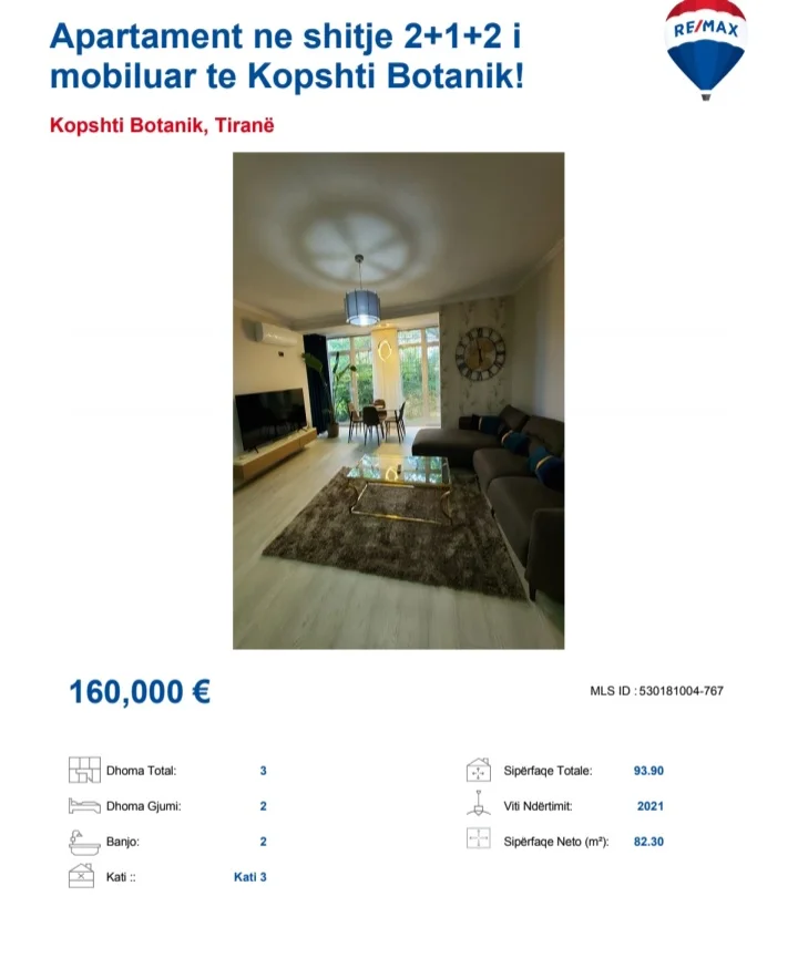 Tirane, shitet apartament 2+1 Kati 3, 89 m² 160.000 € (Te Botaniku)