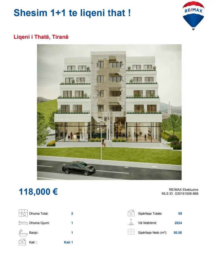 Tirane, shitet apartament 1+1 Kati 1, 60 m² 118.000 € (Liqeni Thate)