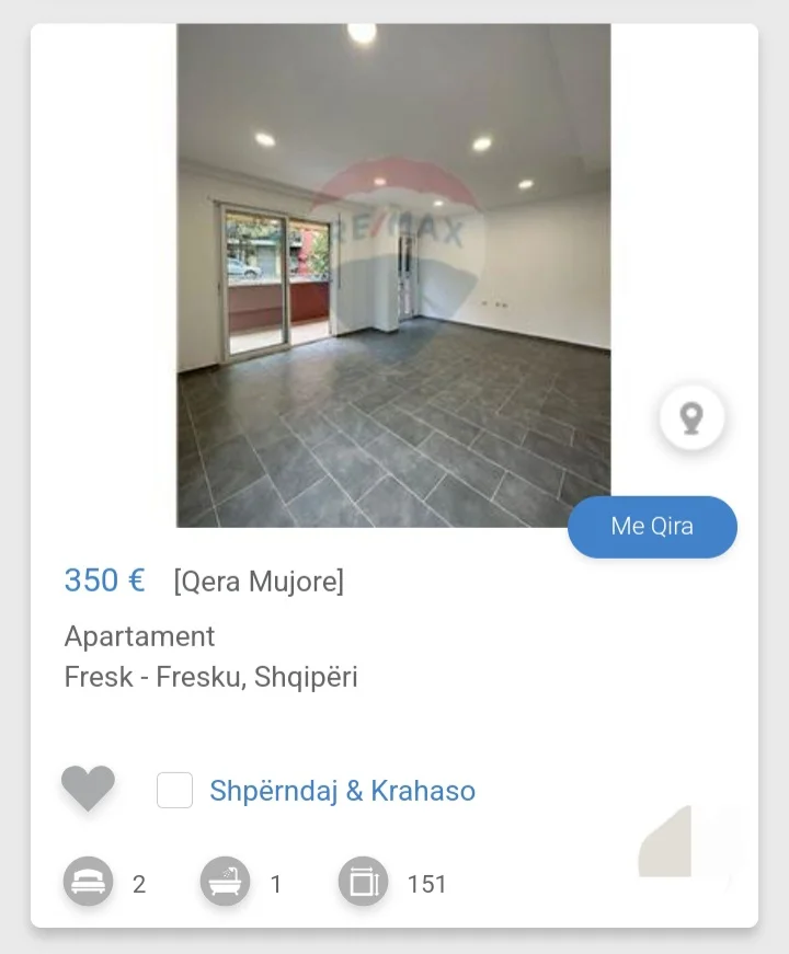 Tirane, jepet me qera apartament 1+1 Kati 3, 150 m² 350 € (Fresk)