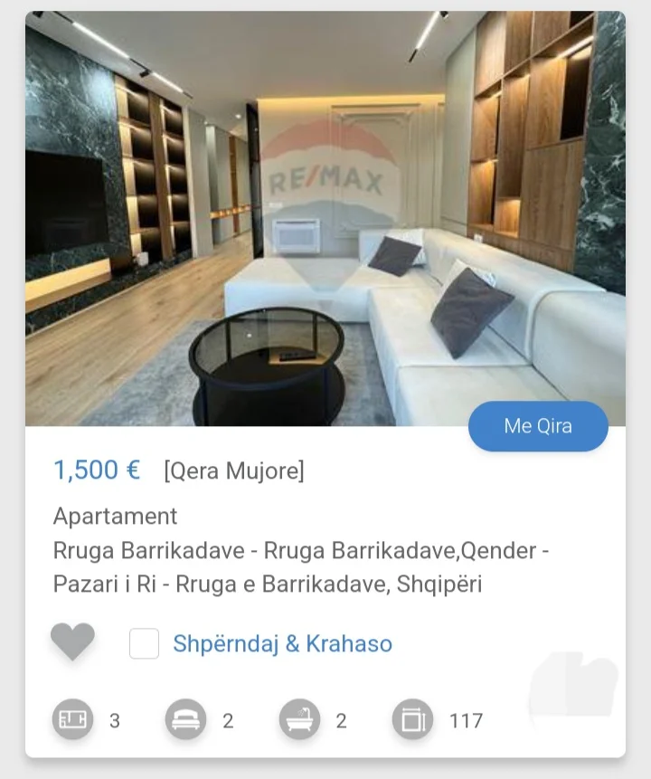 Tirane, jepet me qera apartament 3+1 Kati 4, 115 m² 1.500 € (Rruge Barrikada Pazar i Ri)