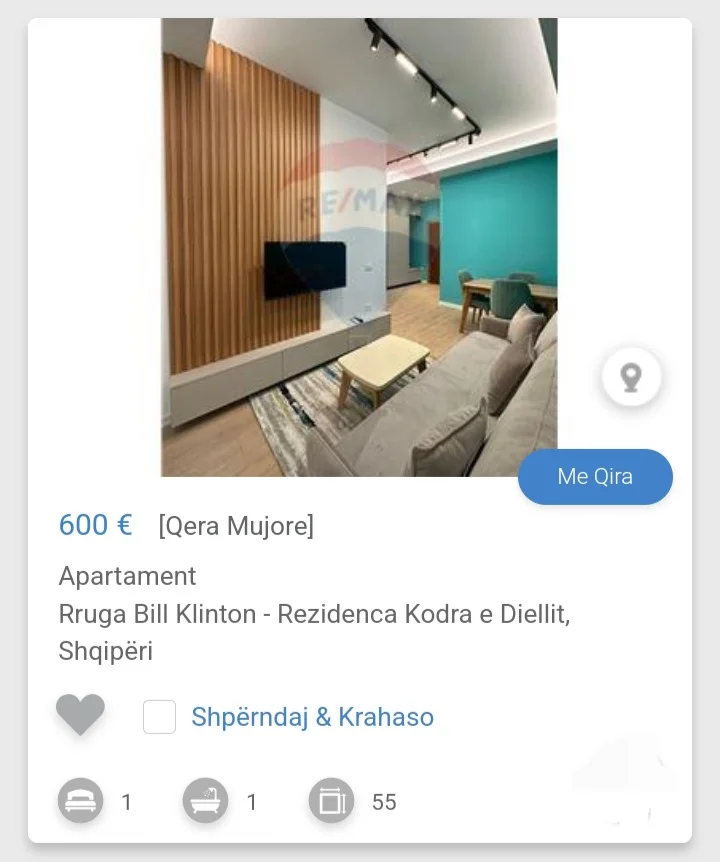 Tirane, jepet me qera apartament 1+1 Kati 3, 60 m² 600 € (Bill Klinton Kodra e Diellit)