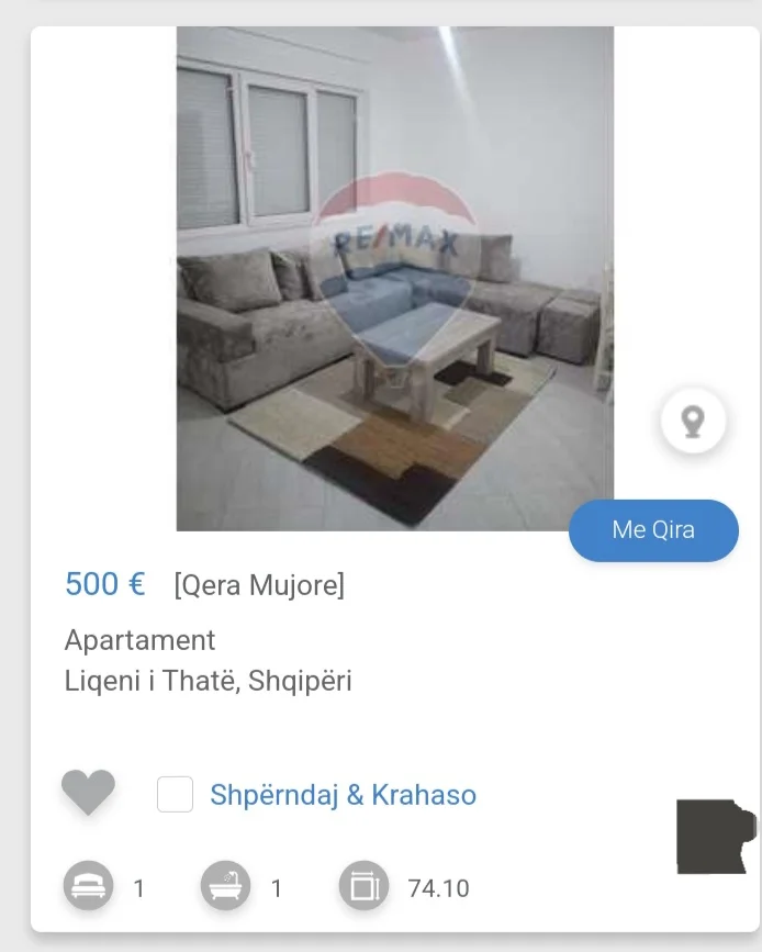 Tirane, jepet me qera apartament 1+1 Kati 3, 74 m² 500 € (Liqeni Thate)