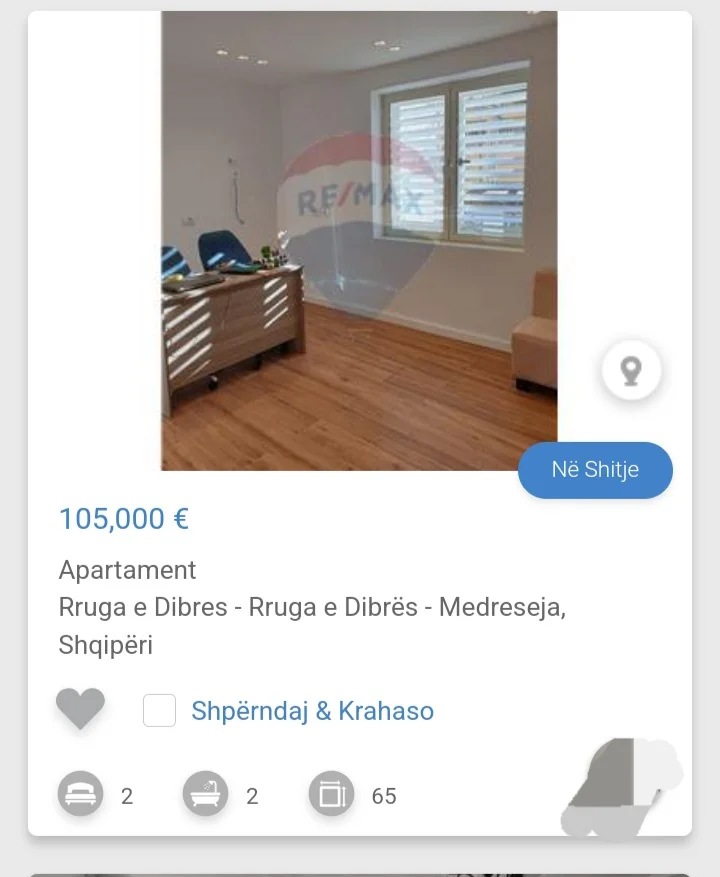 Tirane, shitet apartament 1+1 Kati 3, 65 m² 105.000 € (Medrese)