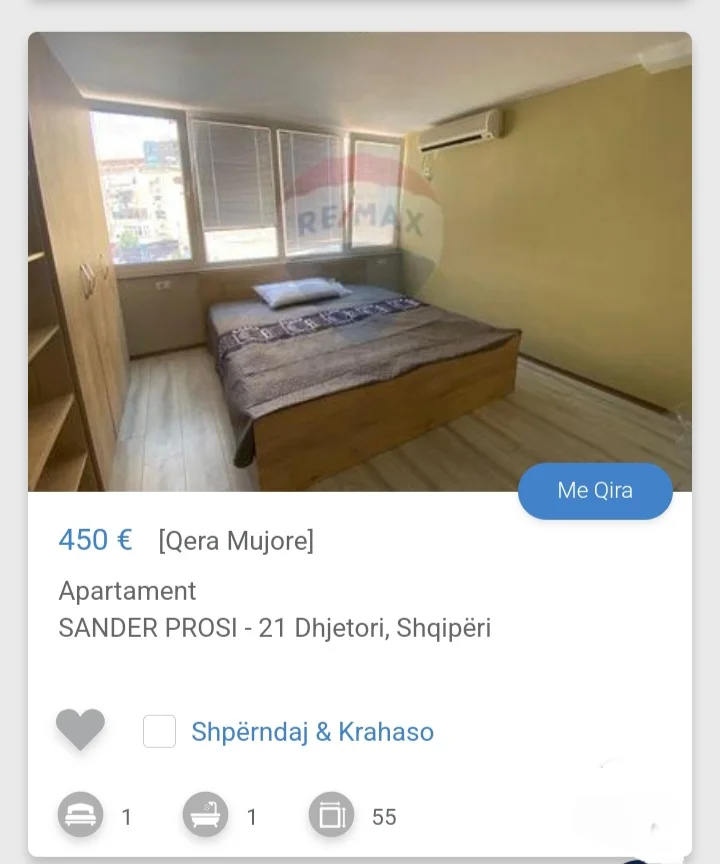 Tirane, jepet me qera apartament 1+1 Kati 4, 55 m² 450 € (Rruga Sander Prosi 21 Dhjetori)