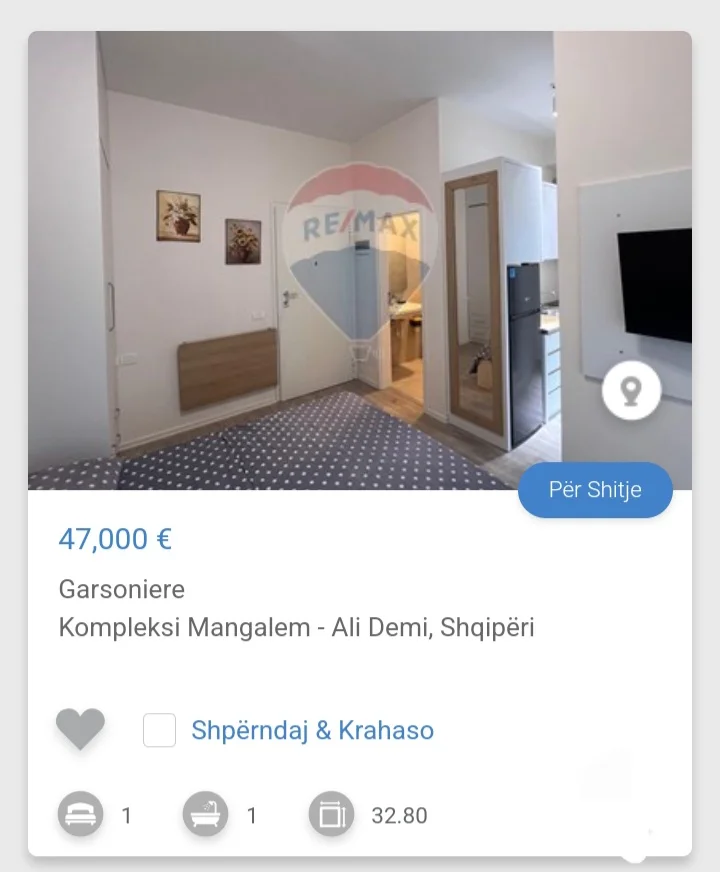 Tirane, shitet garsonier 1+1 Kati 1, 31 m² 47.000 € (Mangalem Ali Demi)