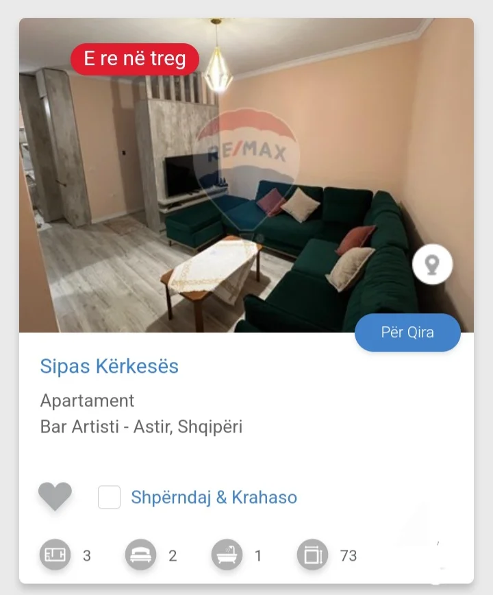 Tirane, jepet me qera apartament 2+1 Kati 5, 80 m² 550 € (Astir)