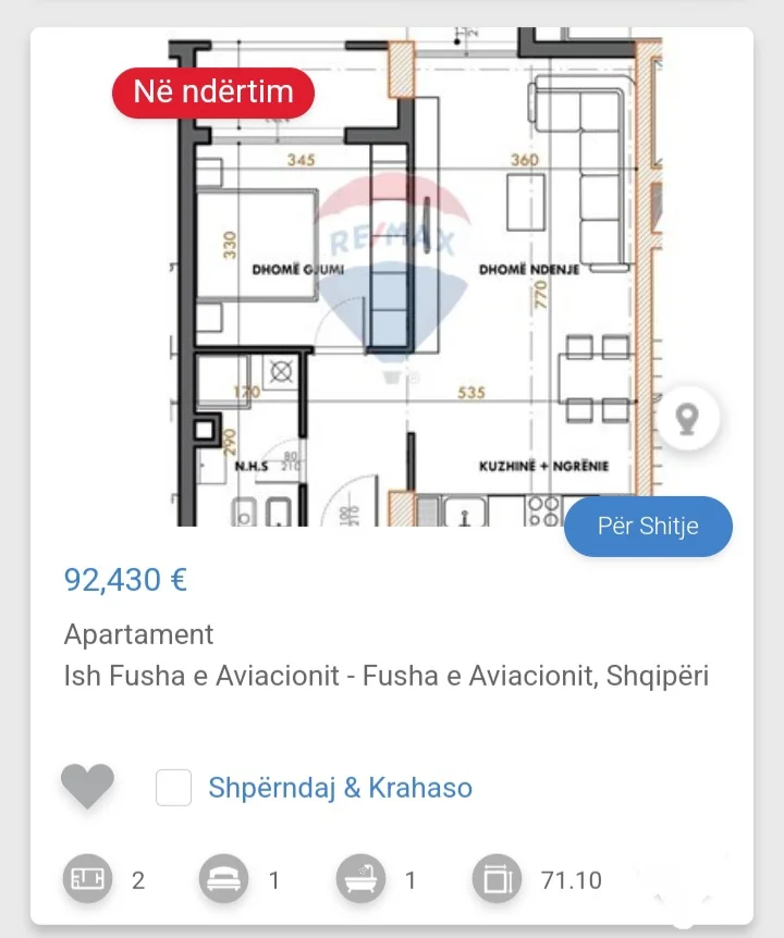 Tirane, shitet apartament 1+1 Kati 1, 72 m² 92.430 € (Fusha e Aviacionit)