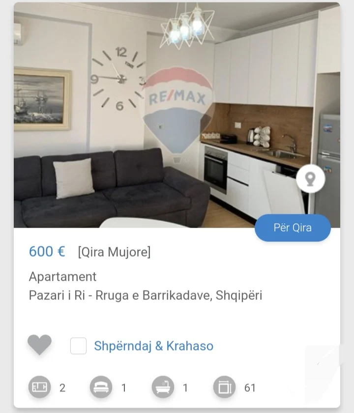 Tirane, jepet me qera apartament 1+1 Kati 7, 70 m² 600 € (Rruga e Barrikadave)