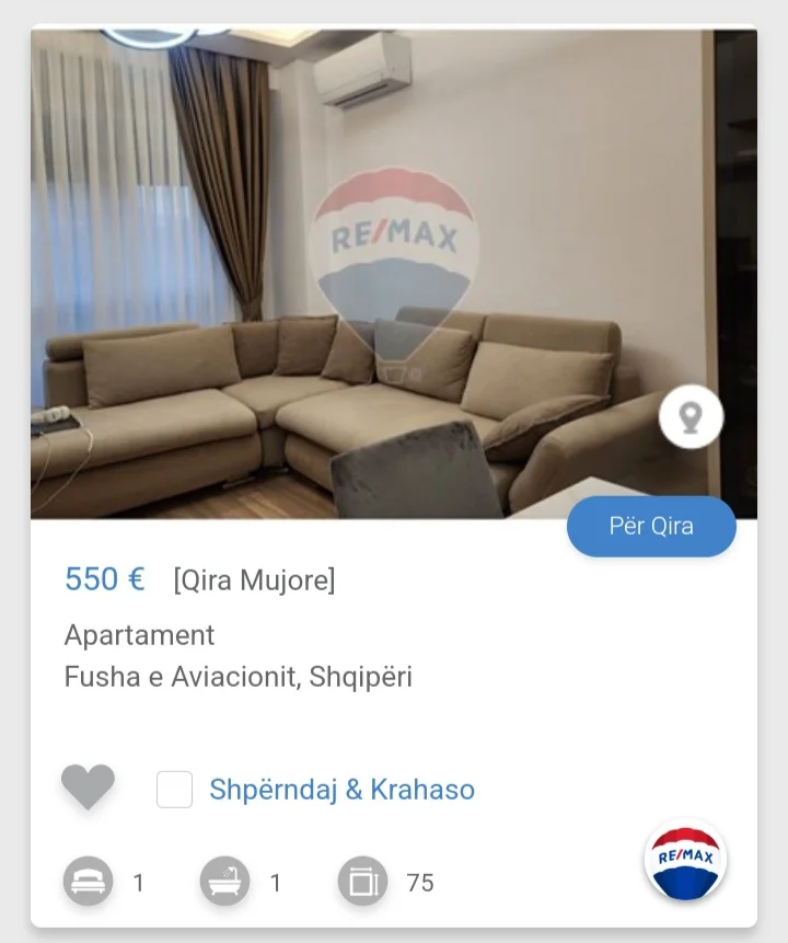 Tirane, jepet me qera apartament 1+1 Kati 2, 66 m² 550 € (Fusha e Aviacionit)
