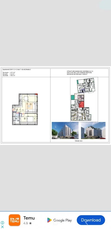 Tirane, shitet apartament 1+1 Kati 7, 57 m² 77.000 € 
