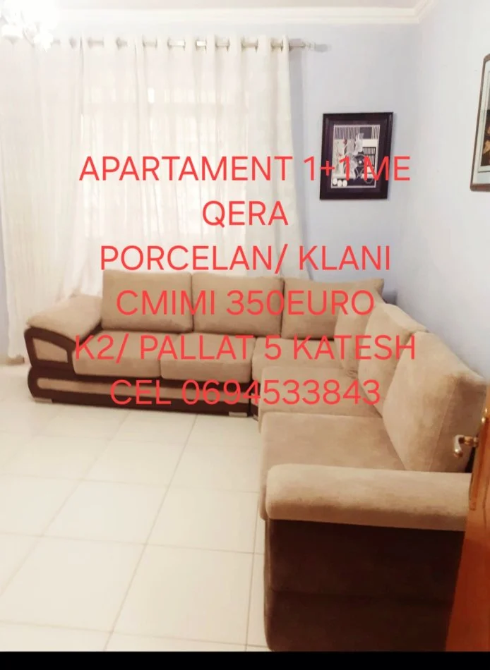 Tirane, jepet me qera apartament 1+1 Kati 2, 60 m² 350 € (Pocelan/ pran klanit dhe euorpianit)
