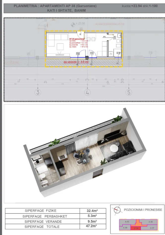 Tirane, shitet garsoniere 1 dhomëshe,Kati 3, sipërfaqe 47.2m² =50 milionë lekë(KAMEZ)