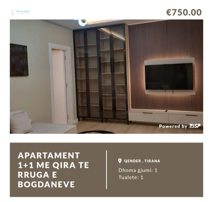 Tirane, jepet me qera apartament 1+1 Kati 7, 70 m² 750 € (Rruga Bogdani)