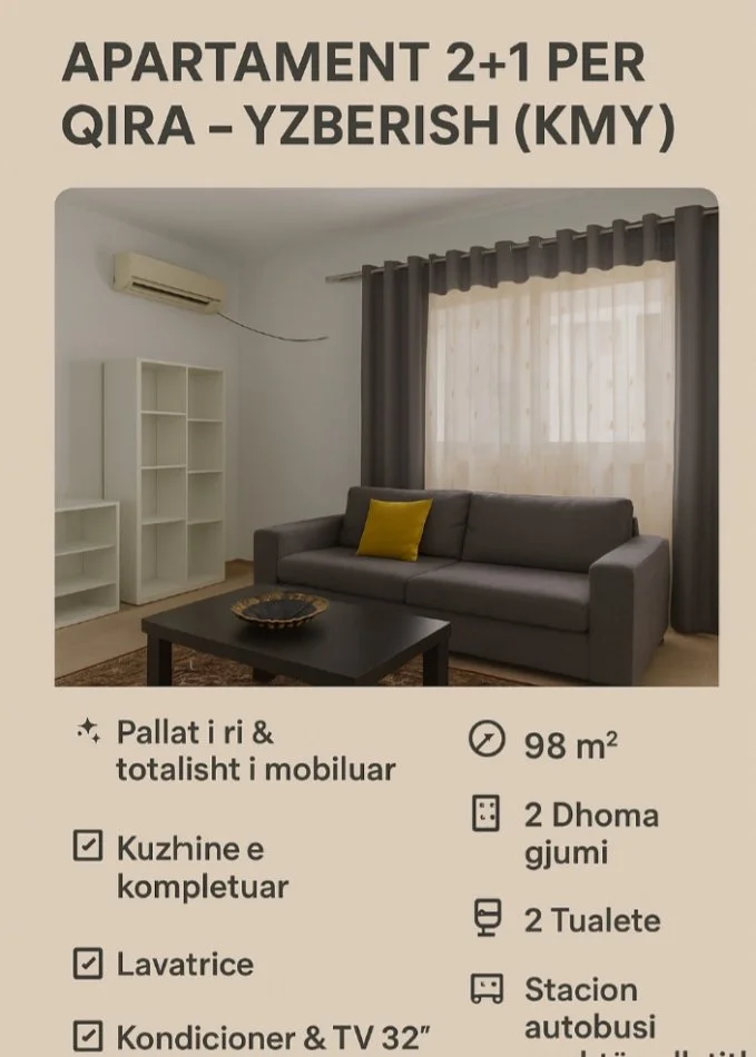 Tirane, jepet me qera apartament 2+1+Ballkon Kati 5, 100 m² 450 € (Prane KMY)
