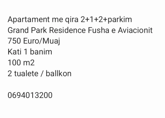 Tirane, jepet me qera apartament 2+1 , 100 € (Grand Park Residenc)